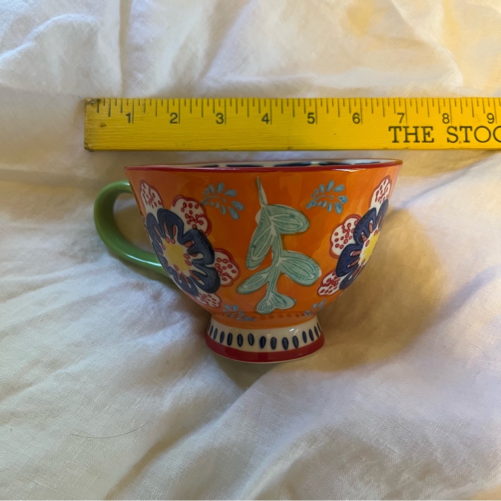 Orange Floral Ceramic Mug with Green Handle
